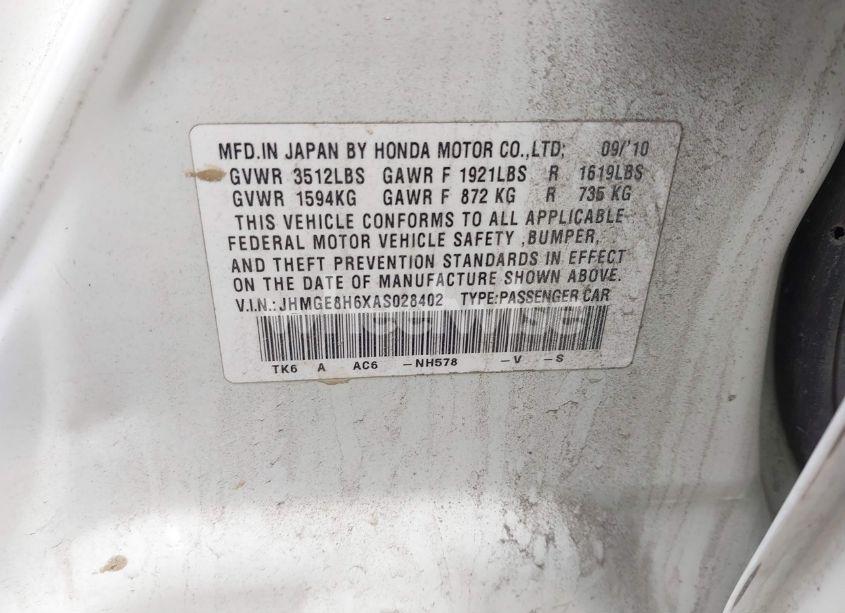 Photo 9 of 2010 Honda Fit SPORT (VIN JHMGE8H6XAS028402)
