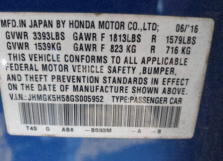 Photo 9 of 2016 Honda Fit LX (VIN JHMGK5H58GS005952)