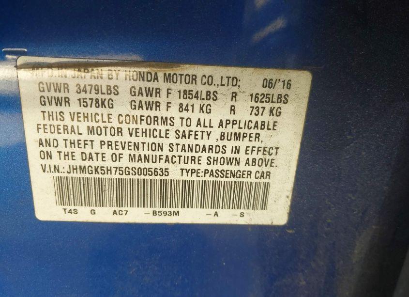 Photo 9 of 2016 Honda Fit EX (VIN JHMGK5H75GS005635)