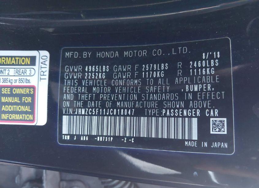 Photo 9 of 2018 Honda Clarity PLUG-IN HYBRID (VIN JHMZC5F11JC018047)