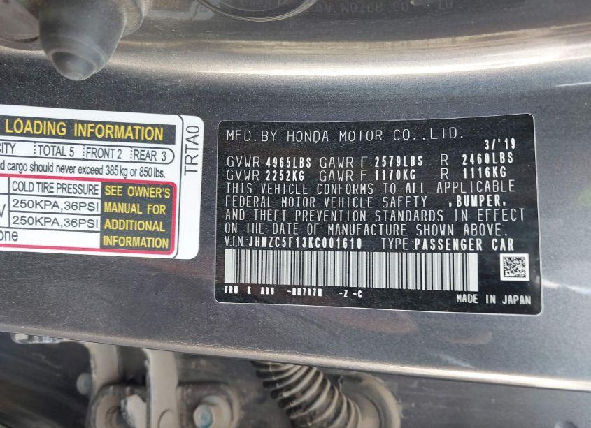 Photo 9 of 2019 Honda Clarity PLUG-IN HYBRID (VIN JHMZC5F13KC001610)