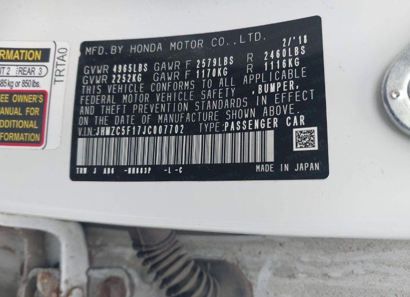 Photo 9 of 2018 Honda Clarity PLUG-IN HYBRID (VIN JHMZC5F17JC007702)