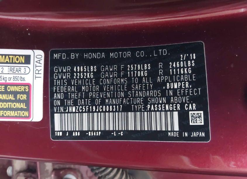 Photo 9 of 2018 Honda Clarity PLUG-IN HYBRID (VIN JHMZC5F19JC008317)