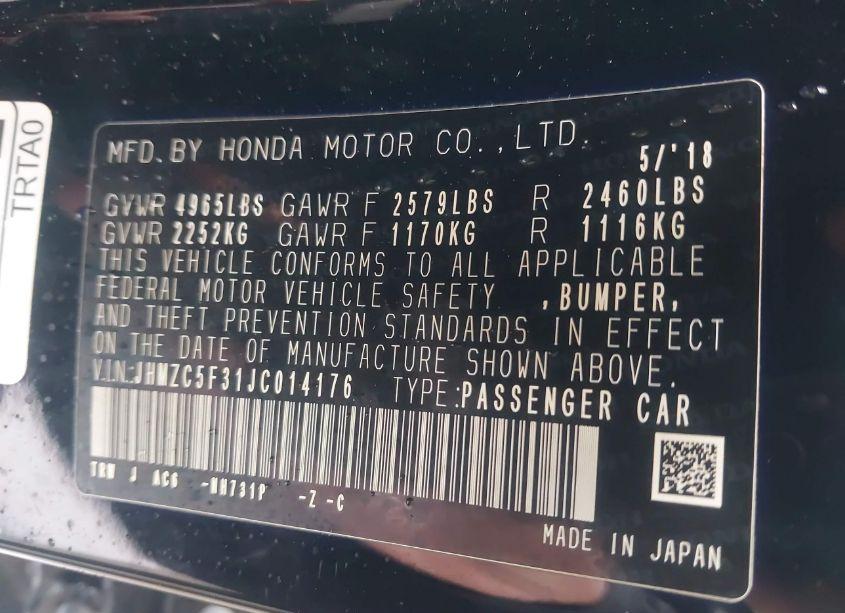 Photo 9 of 2018 Honda Clarity PLUG-IN HYBRID TOURING (VIN JHMZC5F31JC014176)