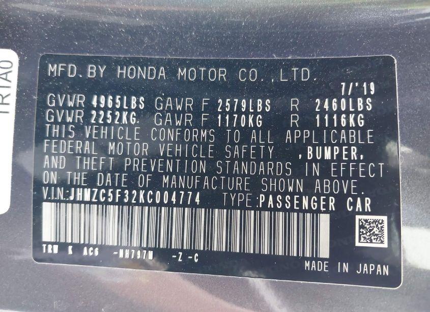 Photo 9 of 2019 Honda Clarity PLUG-IN HYBRID TOURING (VIN JHMZC5F32KC004774)