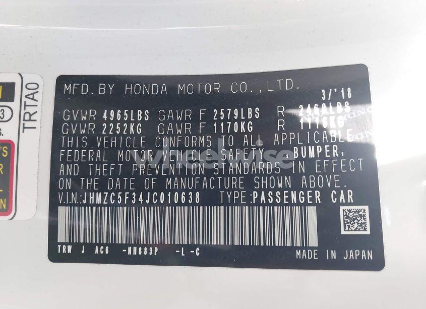 Photo 9 of 2018 Honda Clarity PLUG-IN HYBRID TOURING (VIN JHMZC5F34JC010638)