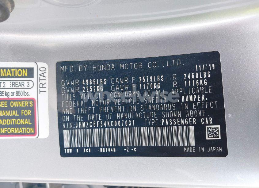 Photo 9 of 2019 Honda Clarity PLUG-IN HYBRID TOURING (VIN JHMZC5F34KC007031)