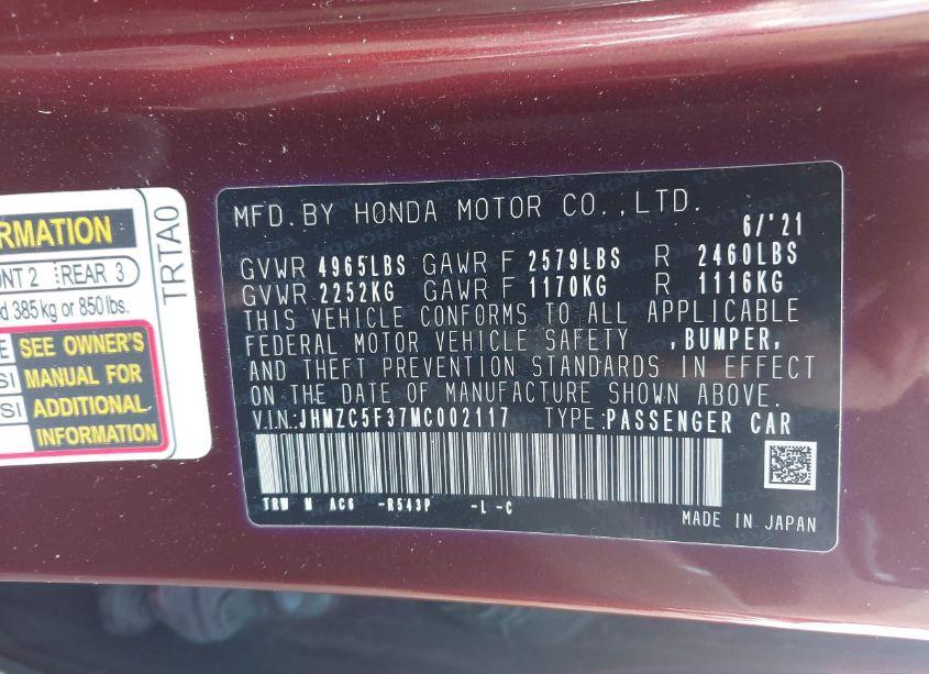 Photo 9 of 2021 Honda Clarity PLUG-IN HYBRID TOURING (VIN JHMZC5F37MC002117)