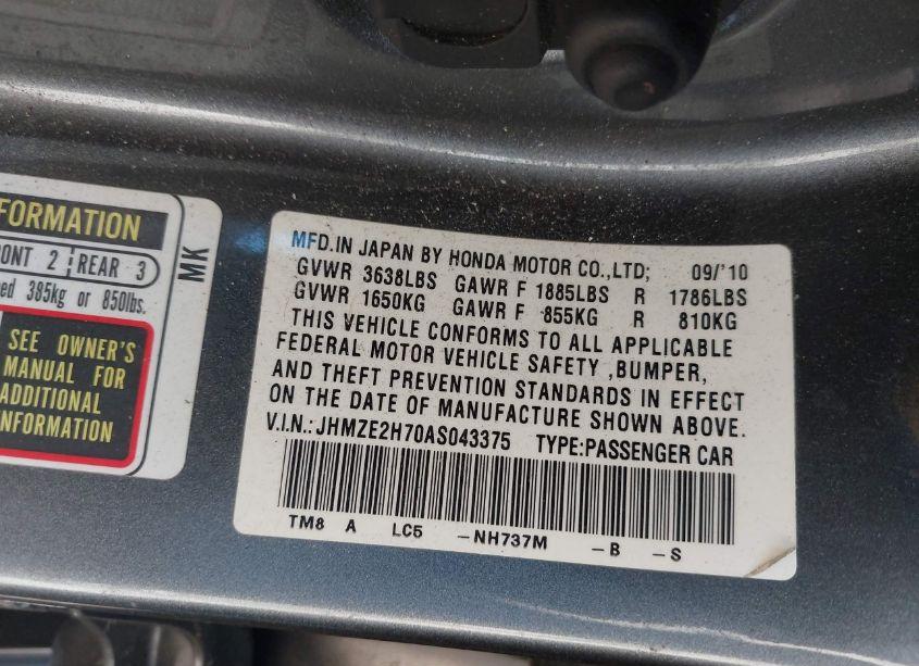 Photo 9 of 2010 Honda Insight EX (VIN JHMZE2H70AS043375)