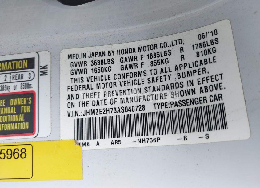 Photo 9 of 2010 Honda Insight EX (VIN JHMZE2H73AS040728)