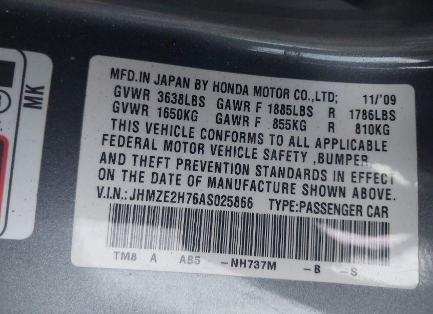 Photo 9 of 2010 Honda Insight EX (VIN JHMZE2H76AS025866)