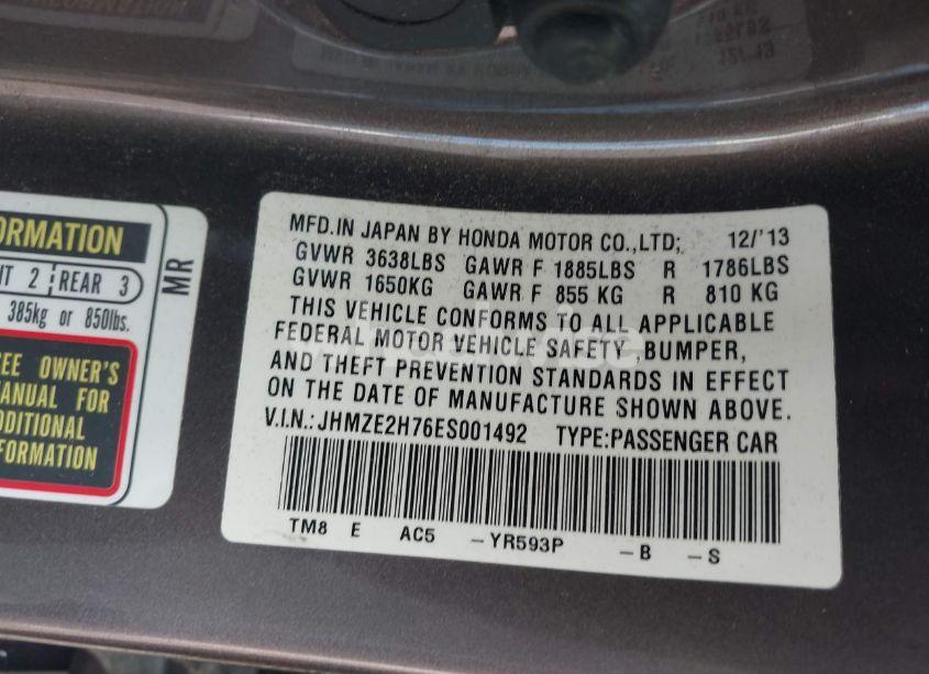 Photo 9 of 2014 Honda Insight EX (VIN JHMZE2H76ES001492)