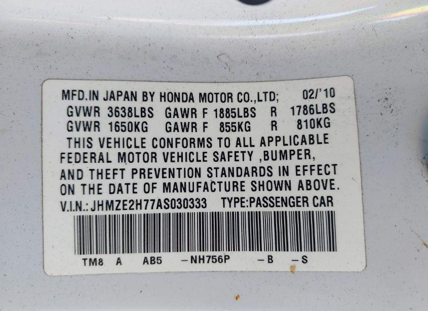 Photo 9 of 2010 Honda Insight EX (VIN JHMZE2H77AS030333)