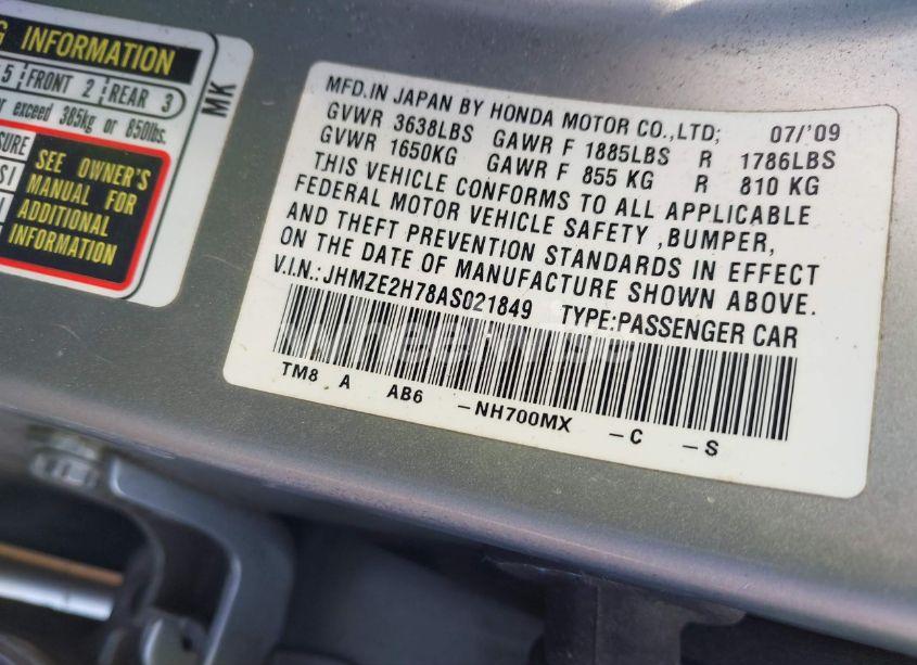 Photo 9 of 2010 Honda Insight EX (VIN JHMZE2H78AS021849)