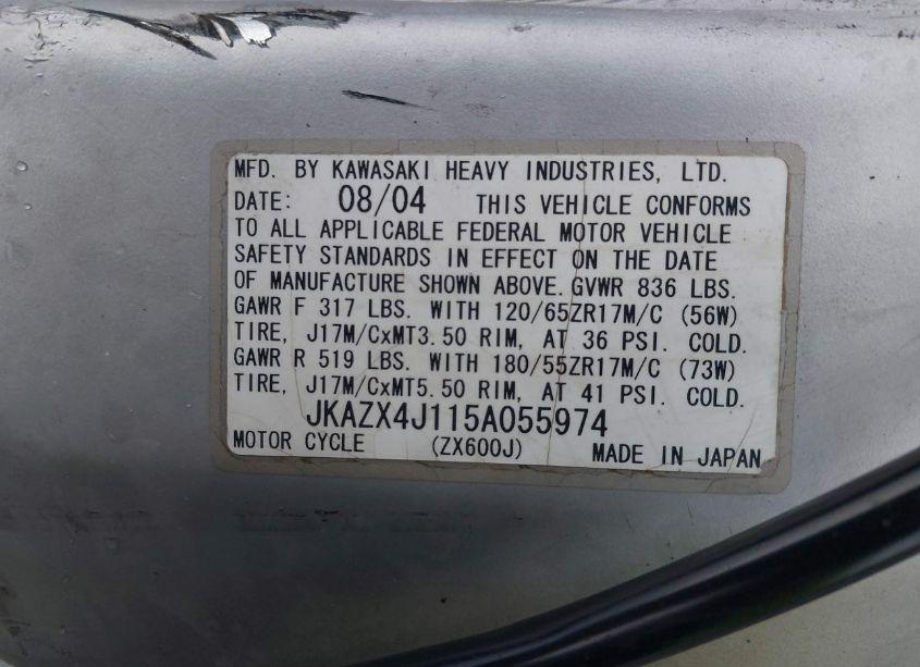 Photo 10 of 2005 Kawasaki Zx600 J1 (VIN JKAZX4J115A055974)