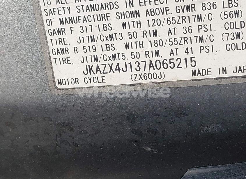 Photo 10 of 2007 Kawasaki Zx600 J1 (VIN JKAZX4J137A065215)