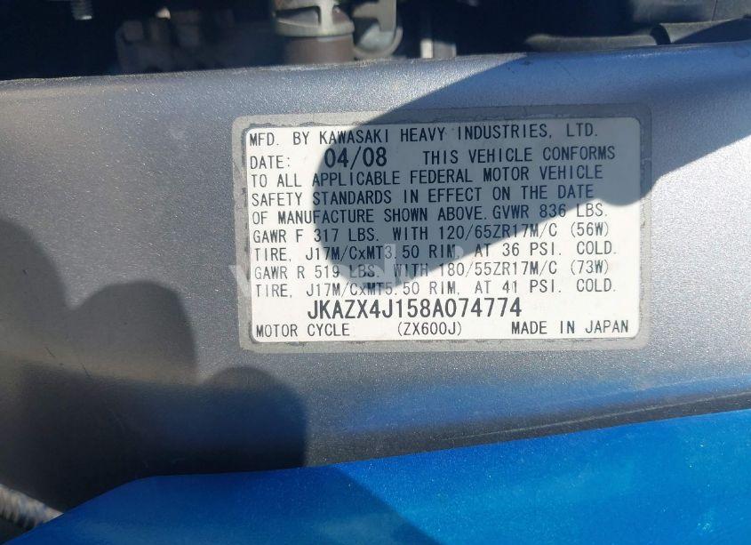 Photo 10 of 2008 Kawasaki Zx600 J1 (VIN JKAZX4J158A074774)