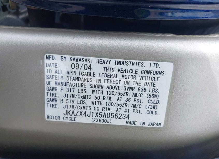 Photo 10 of 2005 Kawasaki Zx600 J1 (VIN JKAZX4J1X5A056234)