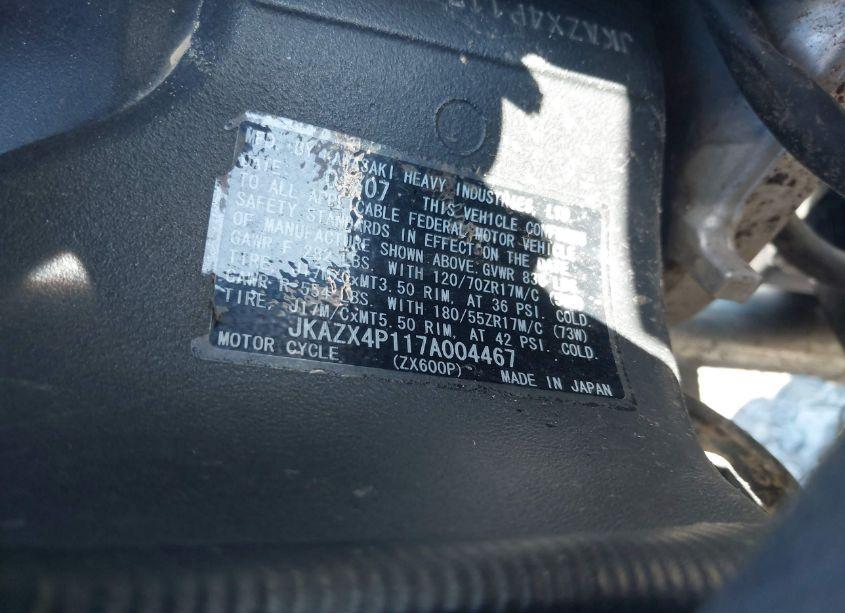 Photo 10 of 2007 Kawasaki Zx600 P (VIN JKAZX4P117A004467)