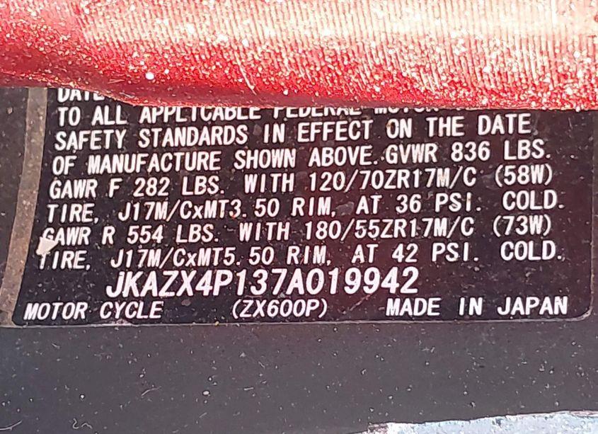 Photo 10 of 2007 Kawasaki Zx600 P (VIN JKAZX4P137A019942)