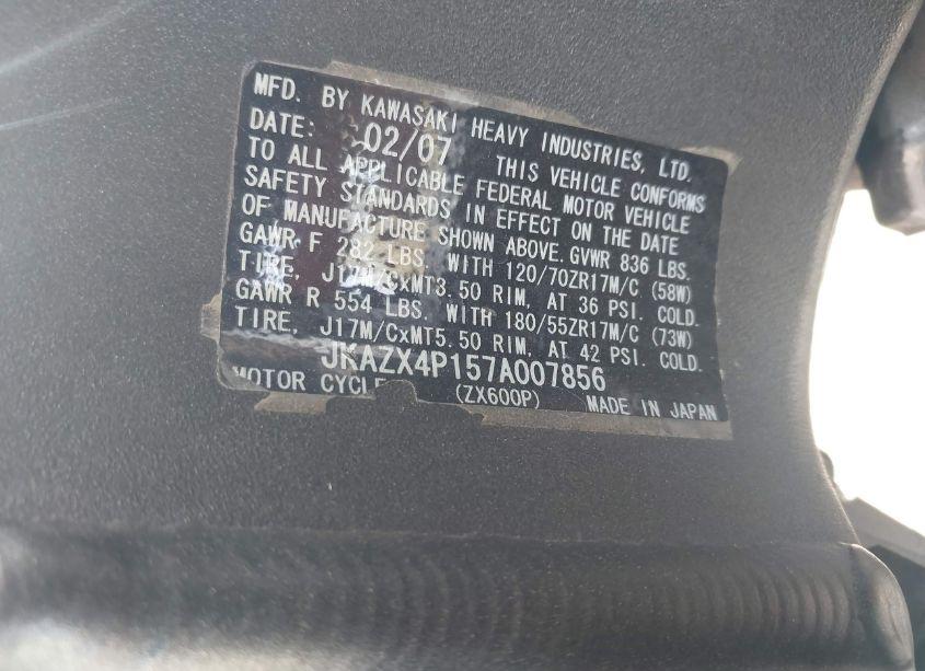 Photo 10 of 2007 Kawasaki Zx600 P (VIN JKAZX4P157A007856)