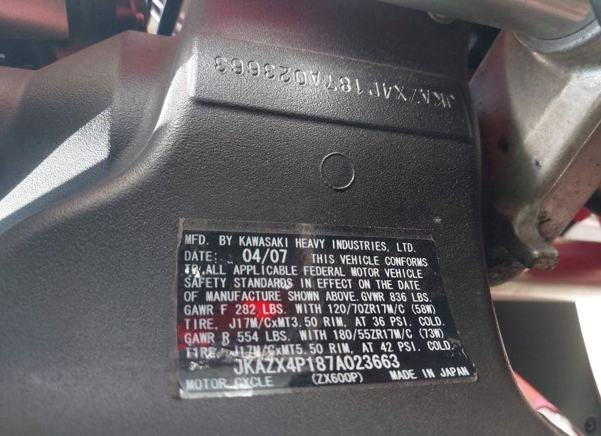 Photo 10 of 2007 Kawasaki Zx600 P (VIN JKAZX4P187A023663)