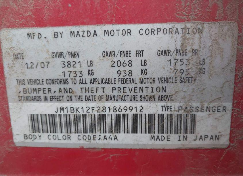 Photo 9 of 2008 Mazda Mazda3 I SPORT (VIN JM1BK12F281869912)