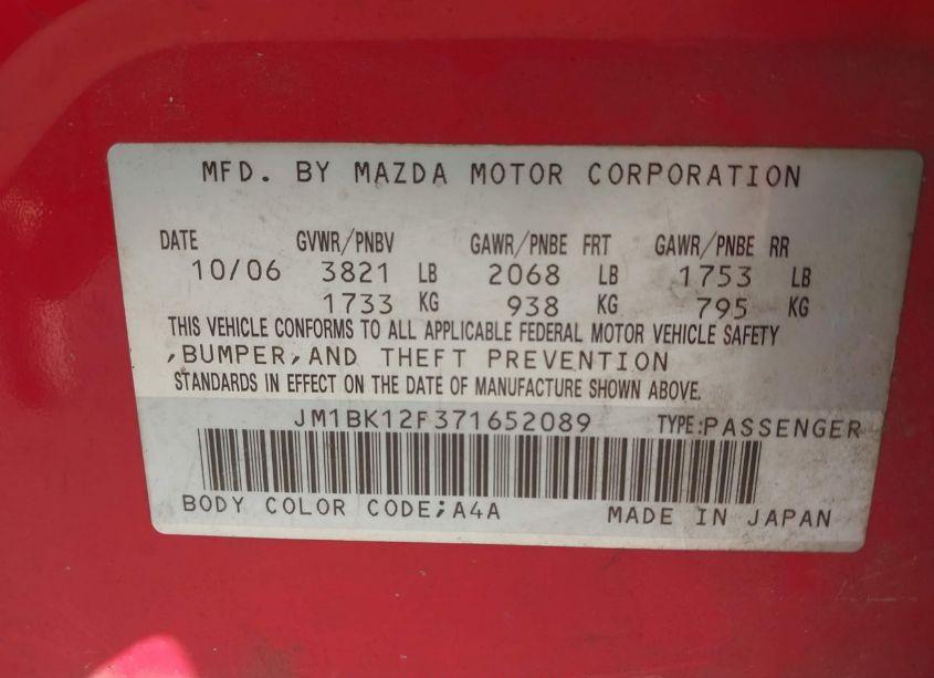 Photo 9 of 2007 Mazda Mazda3 I (VIN JM1BK12F371652089)