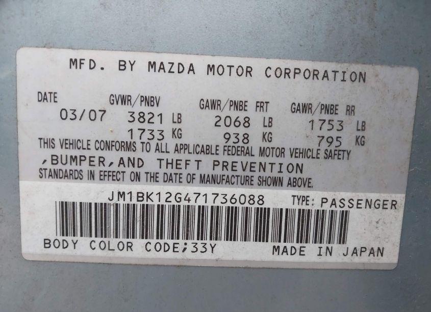 Photo 9 of 2007 Mazda Mazda3 I (VIN JM1BK12G471736088)