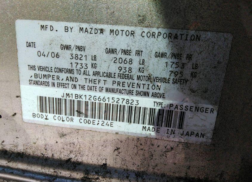 Photo 9 of 2006 Mazda Mazda3 I (VIN JM1BK12G661527823)