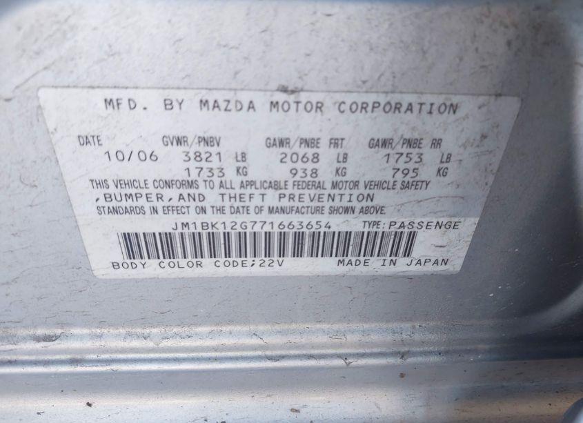 Photo 9 of 2007 Mazda Mazda3 I (VIN JM1BK12G771663654)