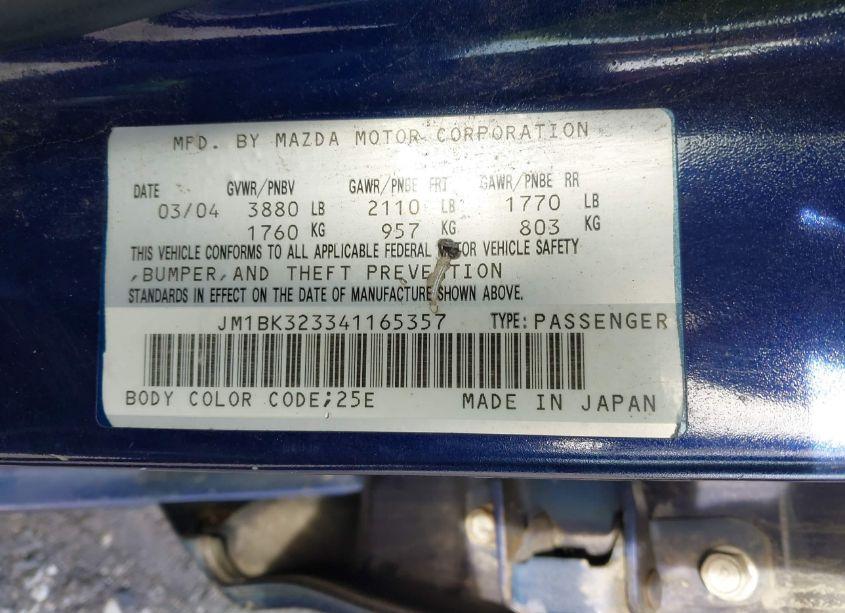 Photo 9 of 2004 Mazda Mazda3 S (VIN JM1BK323341165357)