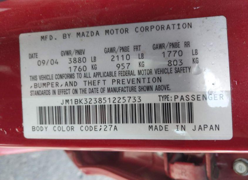 Photo 9 of 2005 Mazda Mazda3 S (VIN JM1BK323851225733)