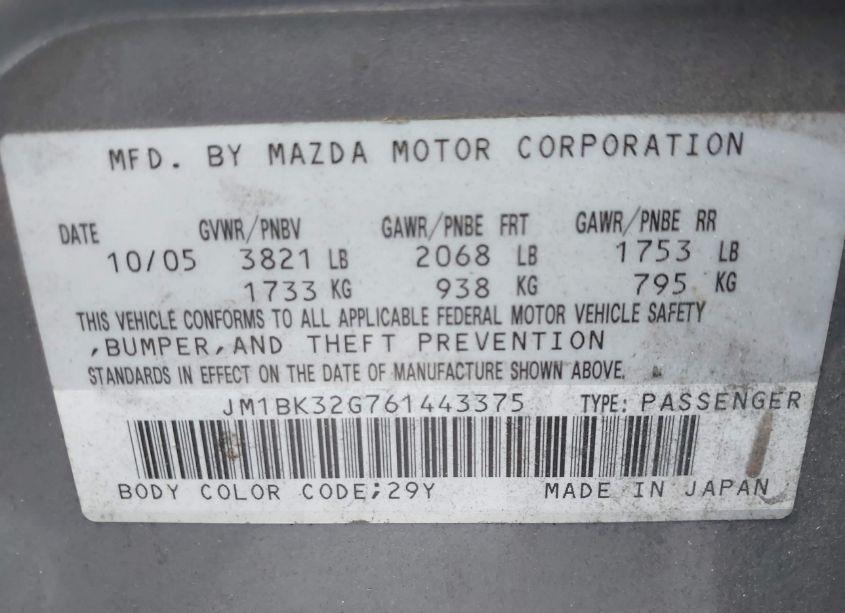Photo 9 of 2006 Mazda Mazda3 I (VIN JM1BK32G761443375)