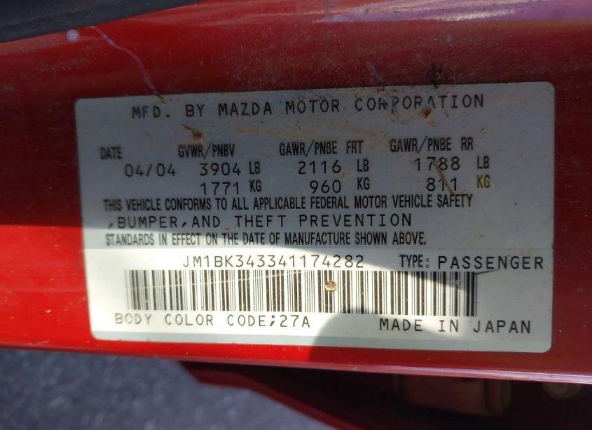 Photo 9 of 2004 Mazda Mazda3 S (VIN JM1BK343341174282)