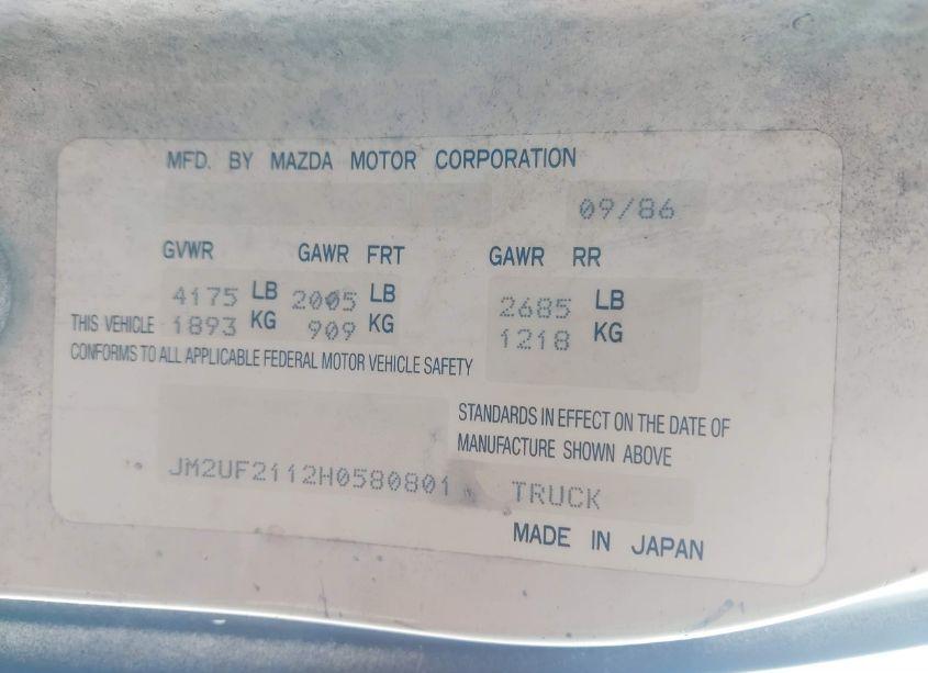 Photo 9 of 1987 Mazda B2000 LONG BED (VIN JM2UF2112H0580801)