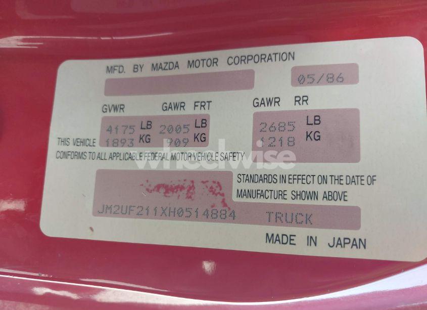 Photo 9 of 1987 Mazda B2000 LONG BED (VIN JM2UF211XH0514884)