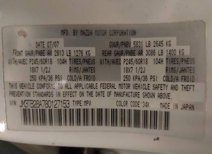 Photo 9 of 2008 Mazda Cx-9 SPORT (VIN JM3TB28A780127153)