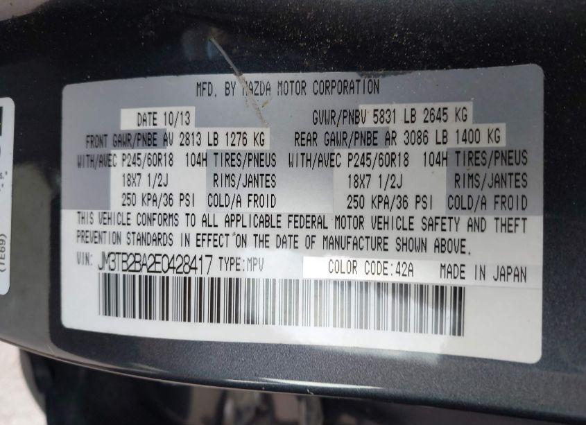 Photo 9 of 2014 Mazda Cx-9 SPORT (VIN JM3TB2BA2E0428417)