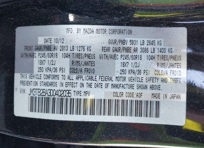 Photo 9 of 2013 Mazda Cx-9 SPORT (VIN JM3TB2BA3D0402035)