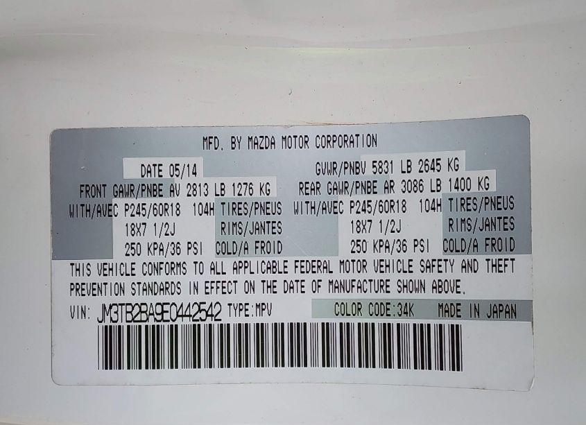 Photo 9 of 2014 Mazda Cx-9 SPORT (VIN JM3TB2BA9E0442542)