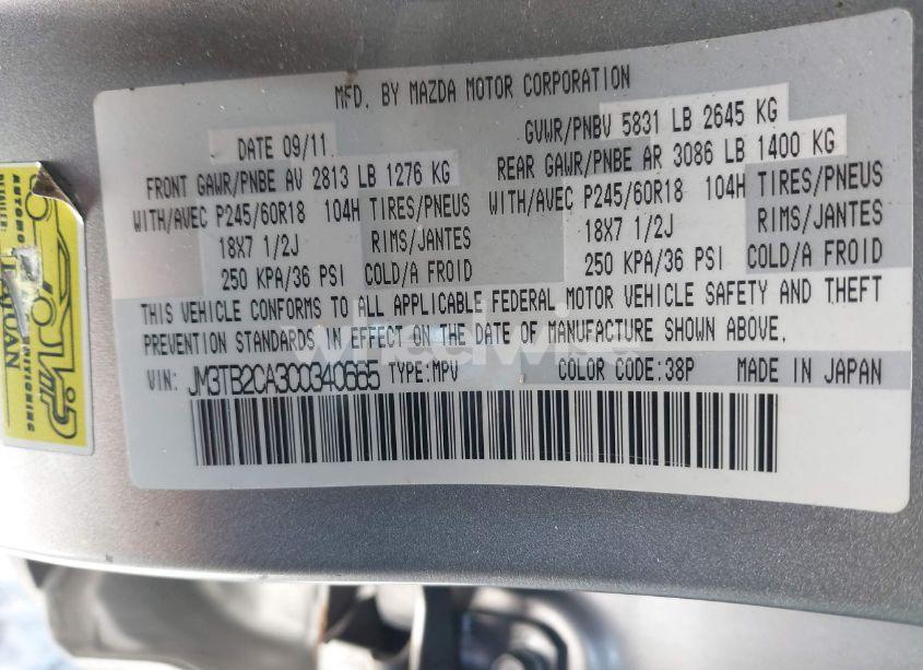 Photo 9 of 2012 Mazda Cx-9 TOURING (VIN JM3TB2CA3C0340665)