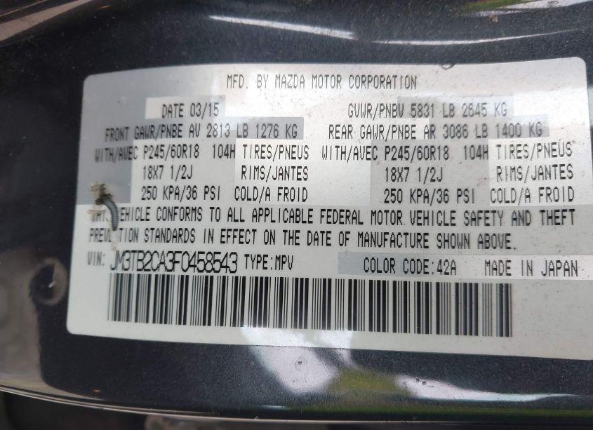 Photo 9 of 2015 Mazda Cx-9 TOURING (VIN JM3TB2CA3F0458543)