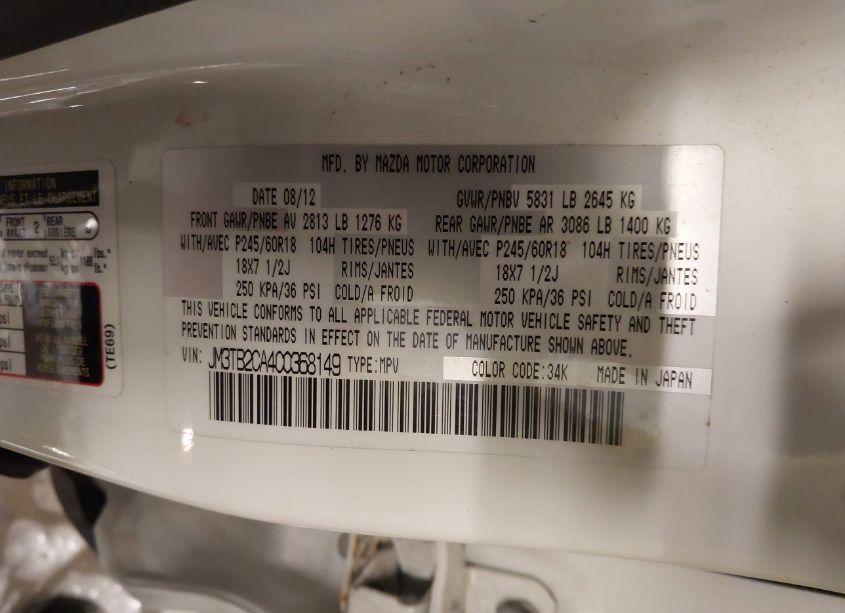 Photo 9 of 2012 Mazda Cx-9 TOURING (VIN JM3TB2CA4C0368149)