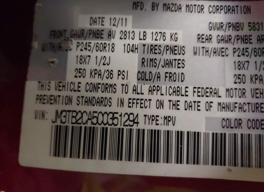 Photo 9 of 2012 Mazda Cx-9 TOURING (VIN JM3TB2CA5C0351294)