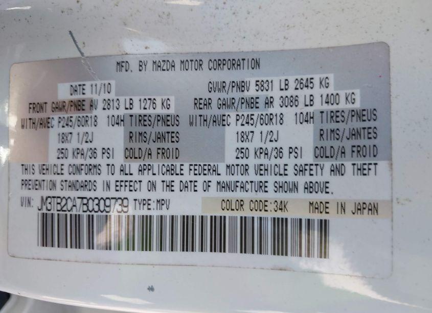 Photo 9 of 2011 Mazda Cx-9 TOURING (VIN JM3TB2CA7B0309739)