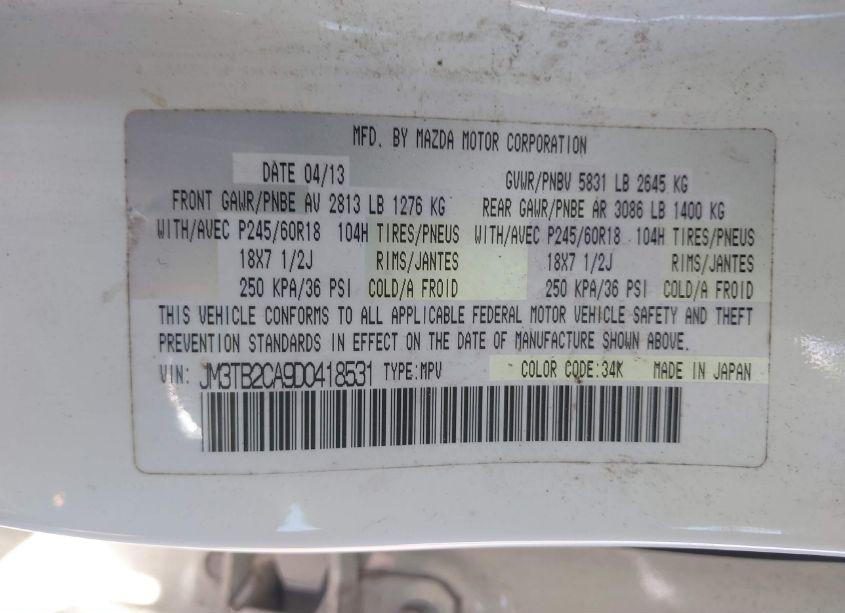 Photo 9 of 2013 Mazda Cx-9 TOURING (VIN JM3TB2CA9D0418531)