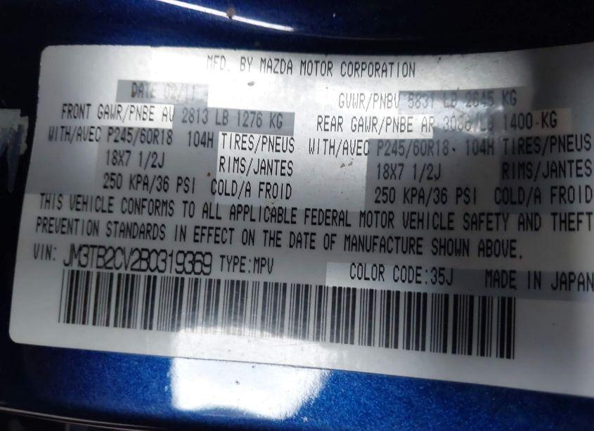 Photo 9 of 2011 Mazda Cx-9 TOURING (VIN JM3TB2CV2B0319369)