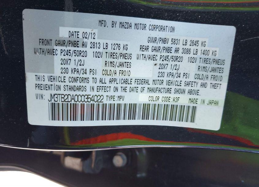 Photo 9 of 2012 Mazda Cx-9 GRAND TOURING (VIN JM3TB2DA0C0354022)