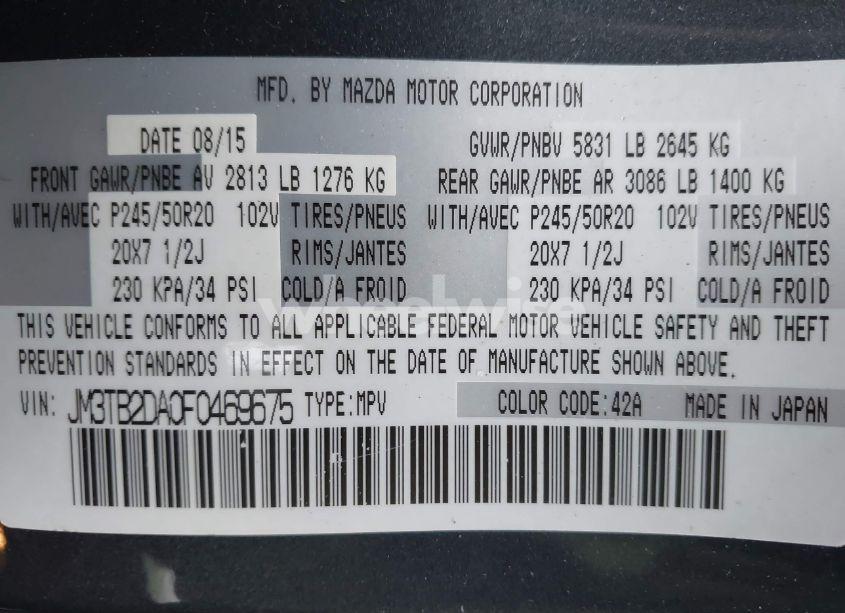 Photo 9 of 2015 Mazda Cx-9 GRAND TOURING (VIN JM3TB2DA0F0469675)